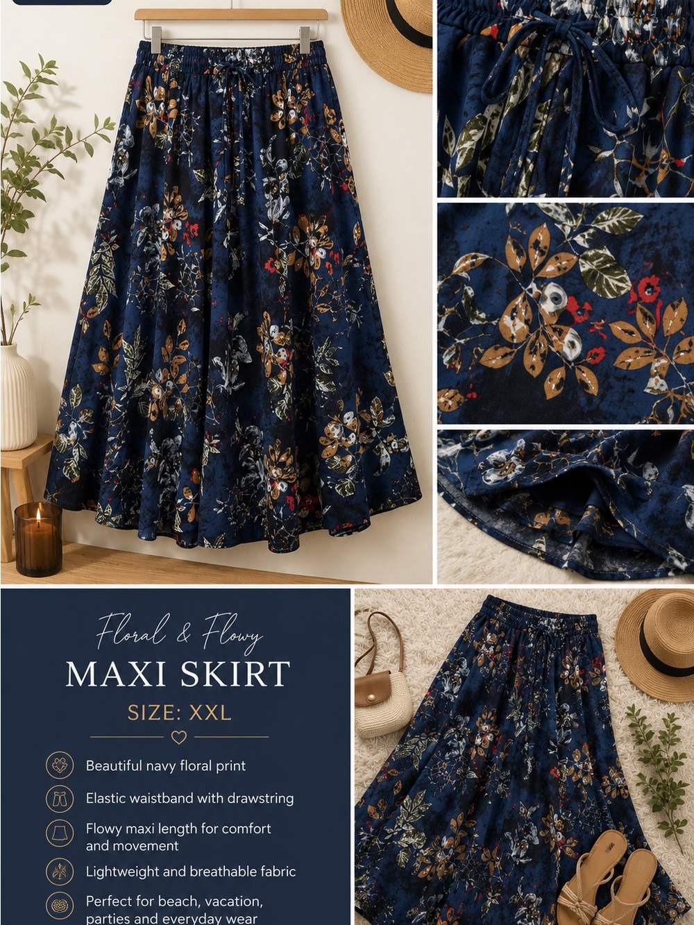 Navy Floral Maxi Skirt with Elastic Waistband